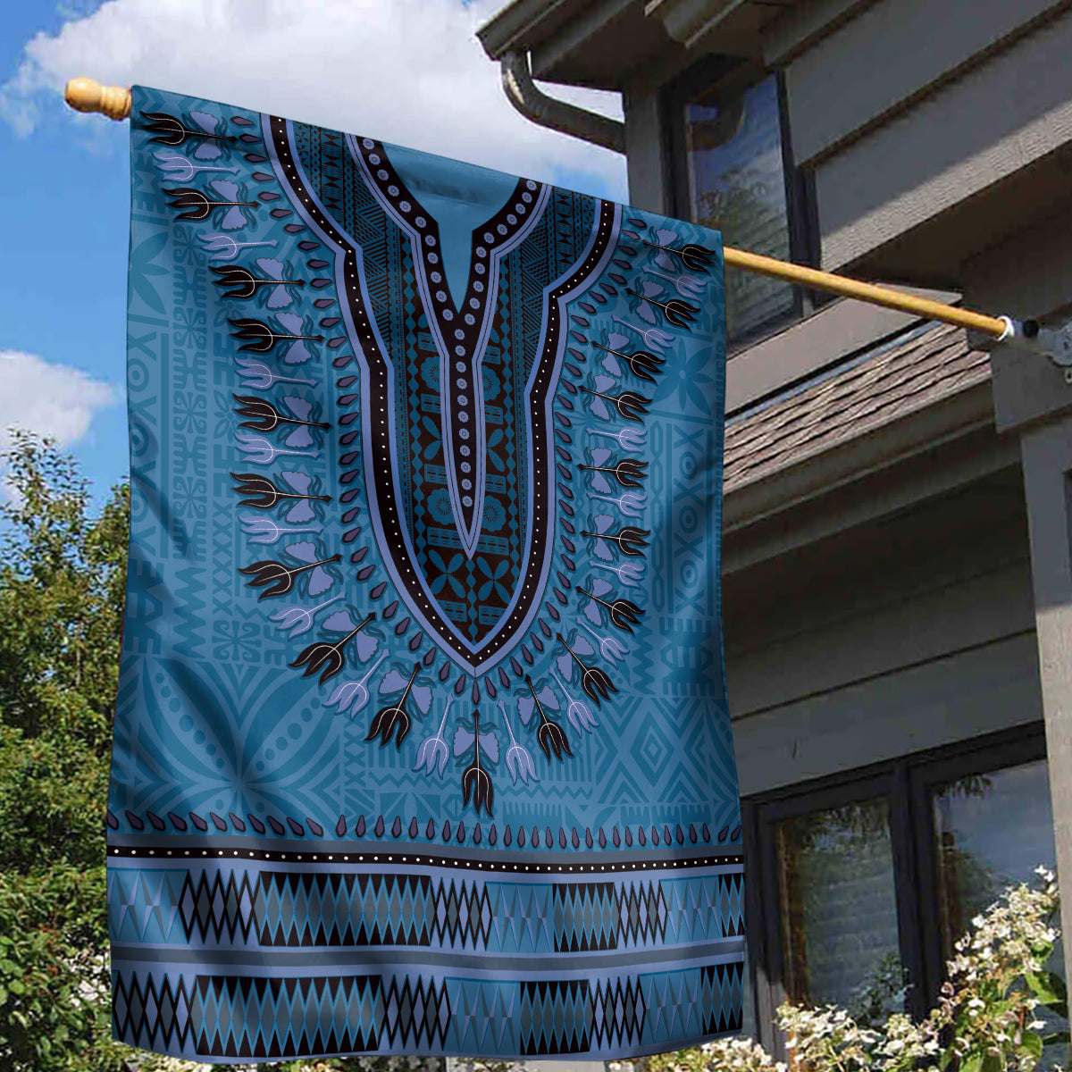 Blue African Dashiki With Fijian Tapa Pattern Garden Flag