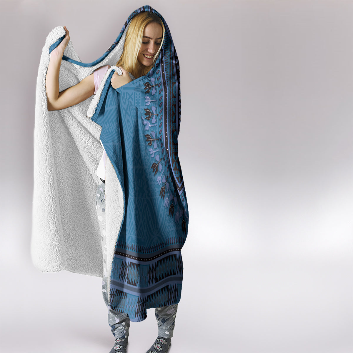 Blue African Dashiki With Fijian Tapa Pattern Hooded Blanket