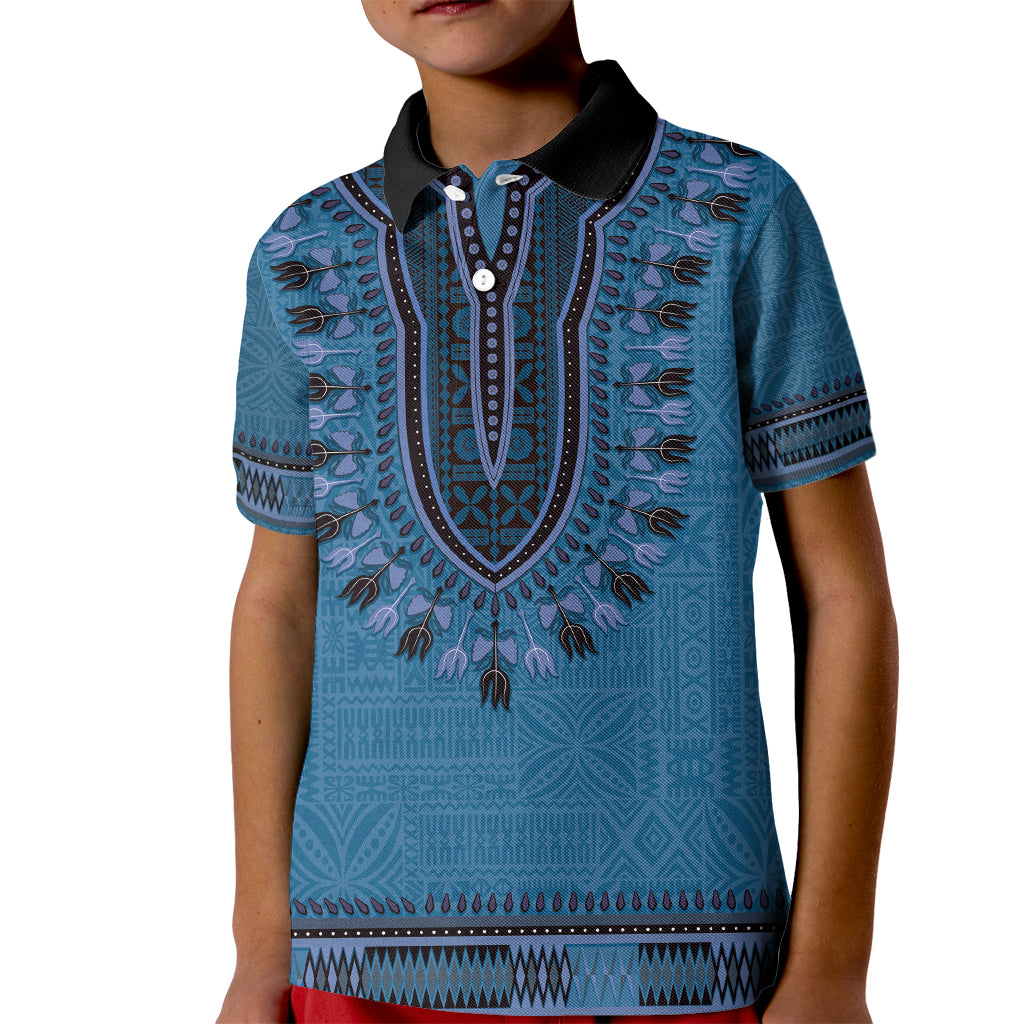 Blue African Dashiki With Fijian Tapa Pattern Kid Polo Shirt