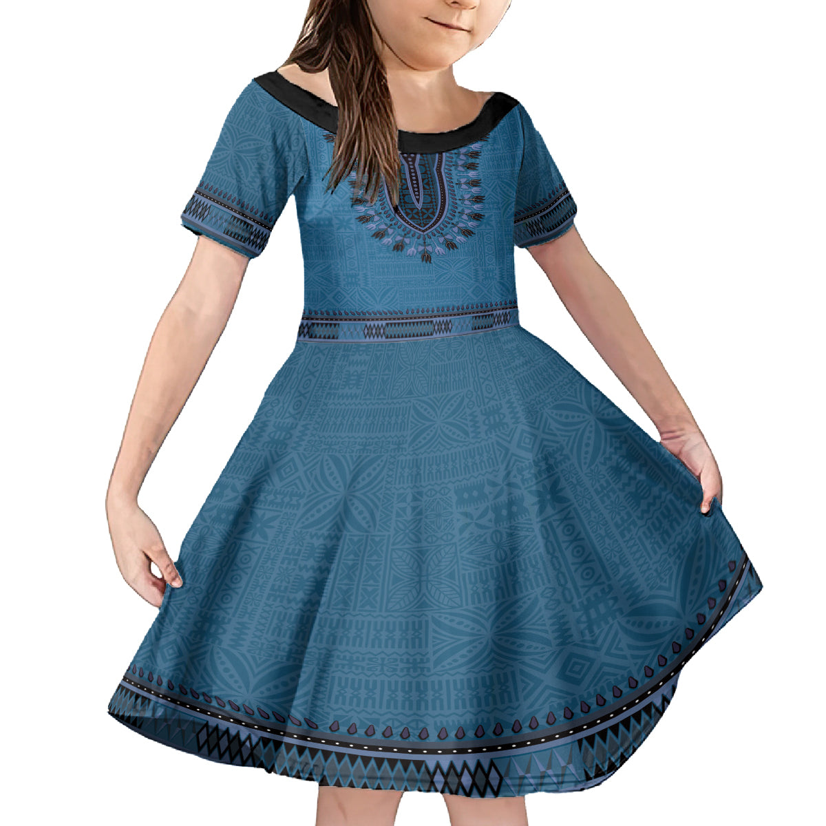 Blue African Dashiki With Fijian Tapa Pattern Kid Short Sleeve Dress