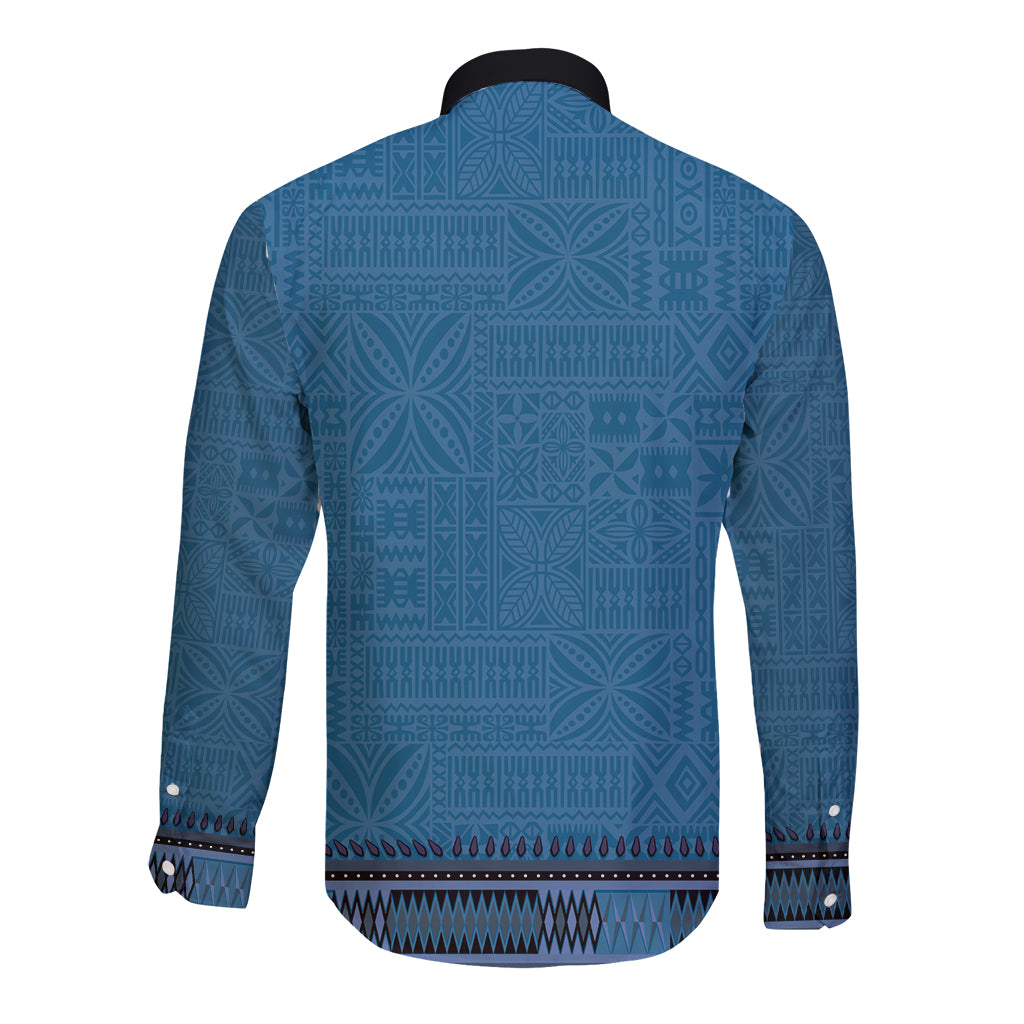 Blue African Dashiki With Fijian Tapa Pattern Long Sleeve Button Shirt