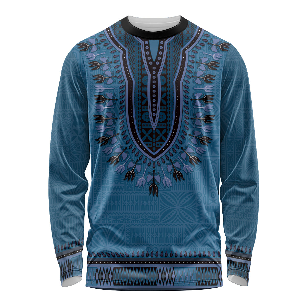 Blue African Dashiki With Fijian Tapa Pattern Long Sleeve Shirt