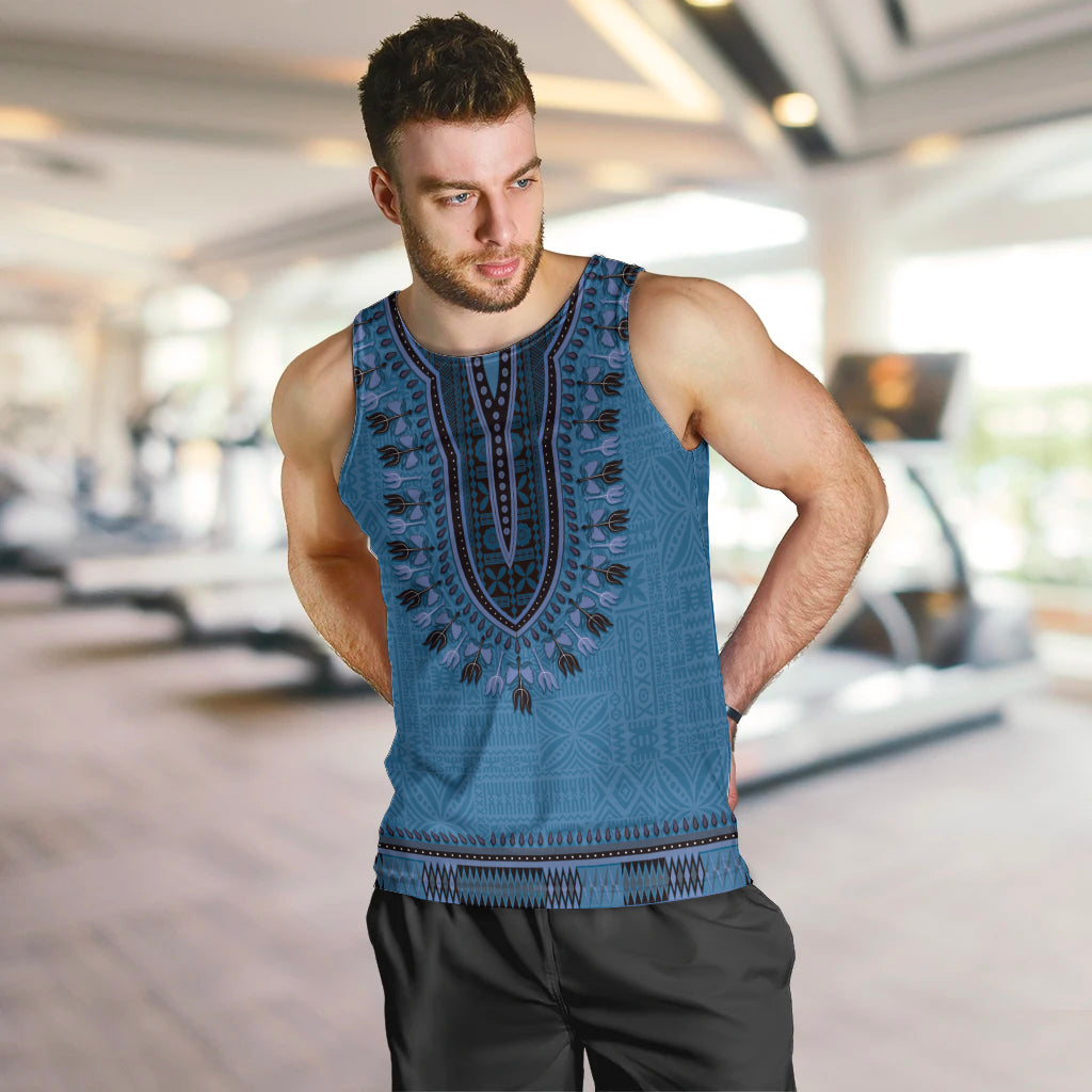 Blue African Dashiki With Fijian Tapa Pattern Men Tank Top