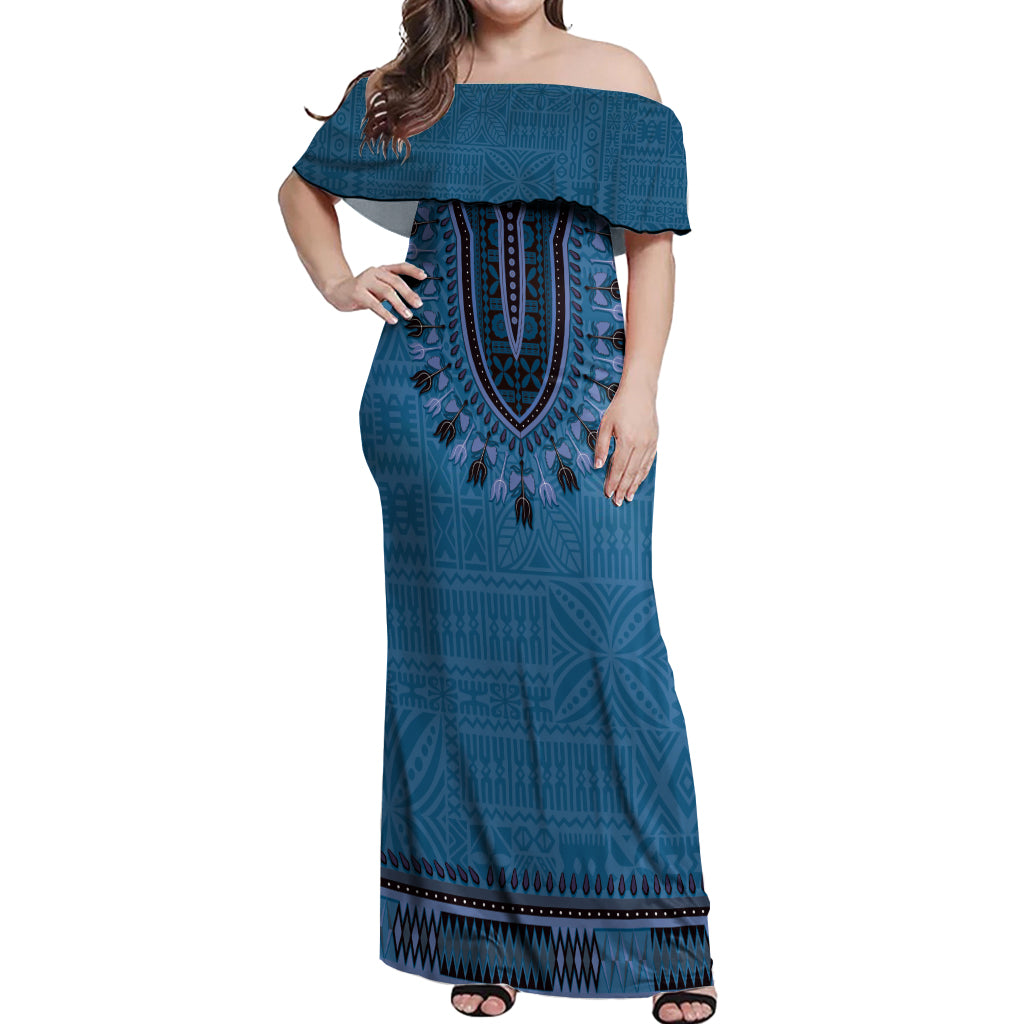 Blue African Dashiki With Fijian Tapa Pattern Off Shoulder Maxi Dress