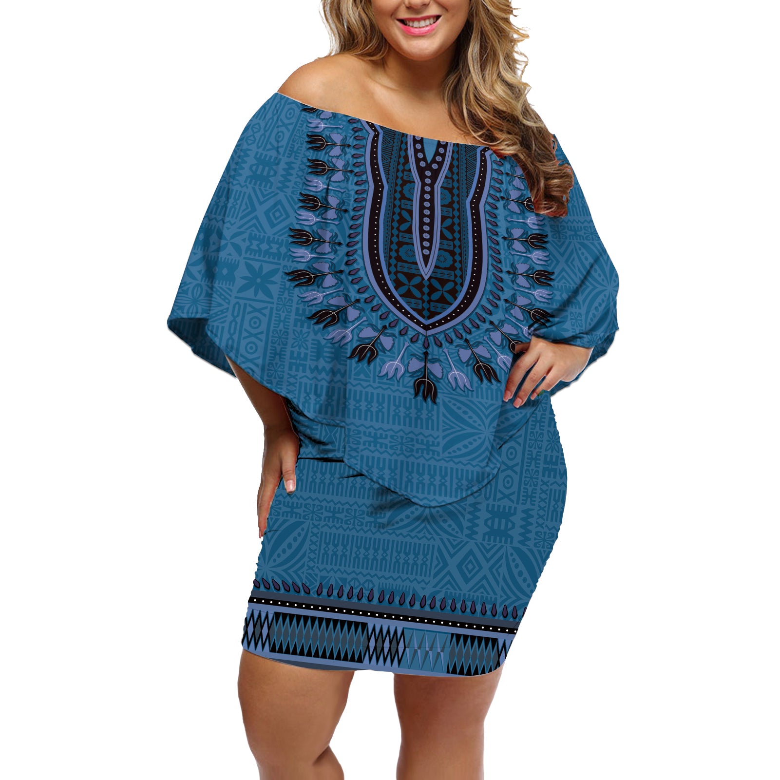 Blue African Dashiki With Fijian Tapa Pattern Off Shoulder Short Dress