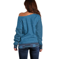 Blue African Dashiki With Fijian Tapa Pattern Off Shoulder Sweater