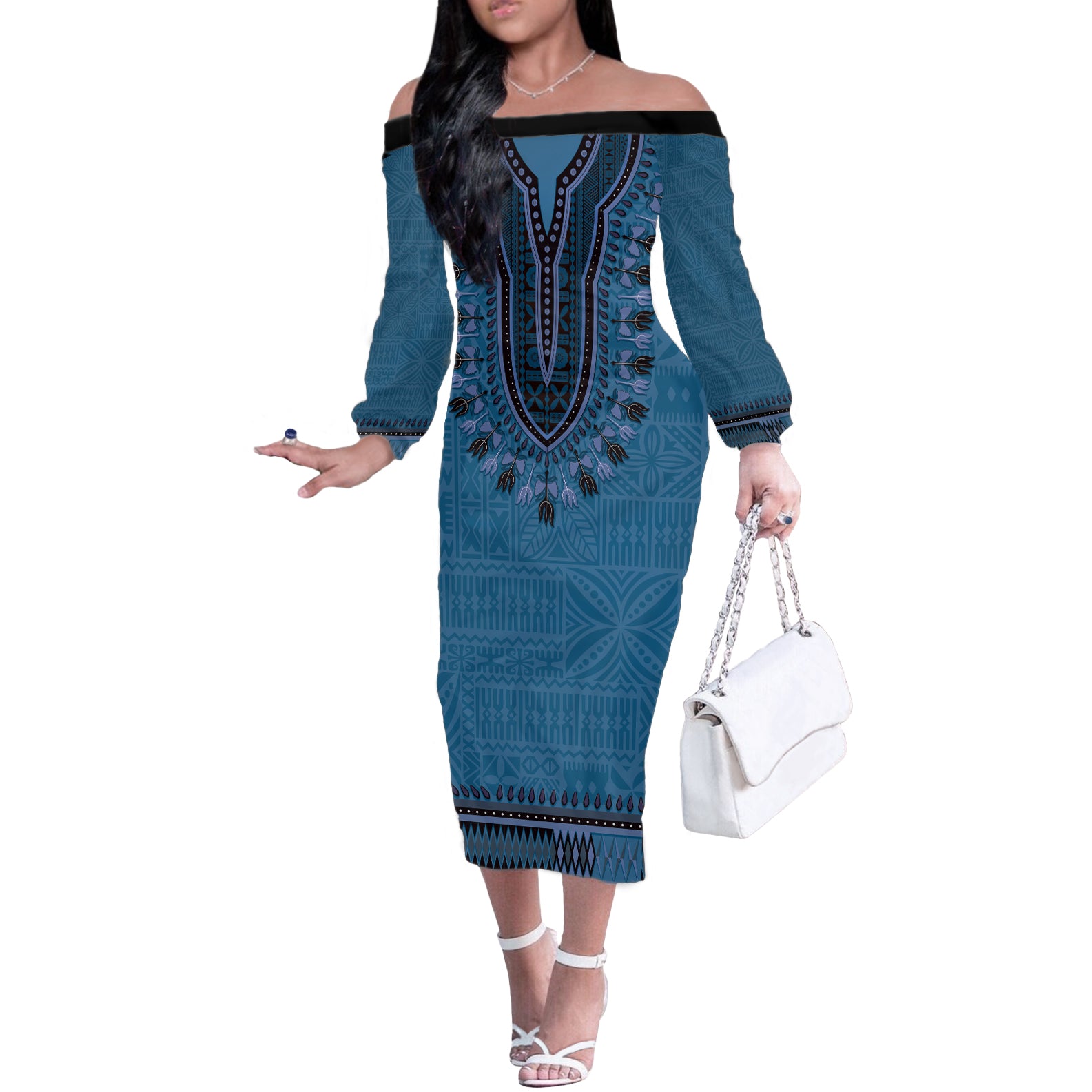 Blue African Dashiki With Fijian Tapa Pattern Off The Shoulder Long Sleeve Dress