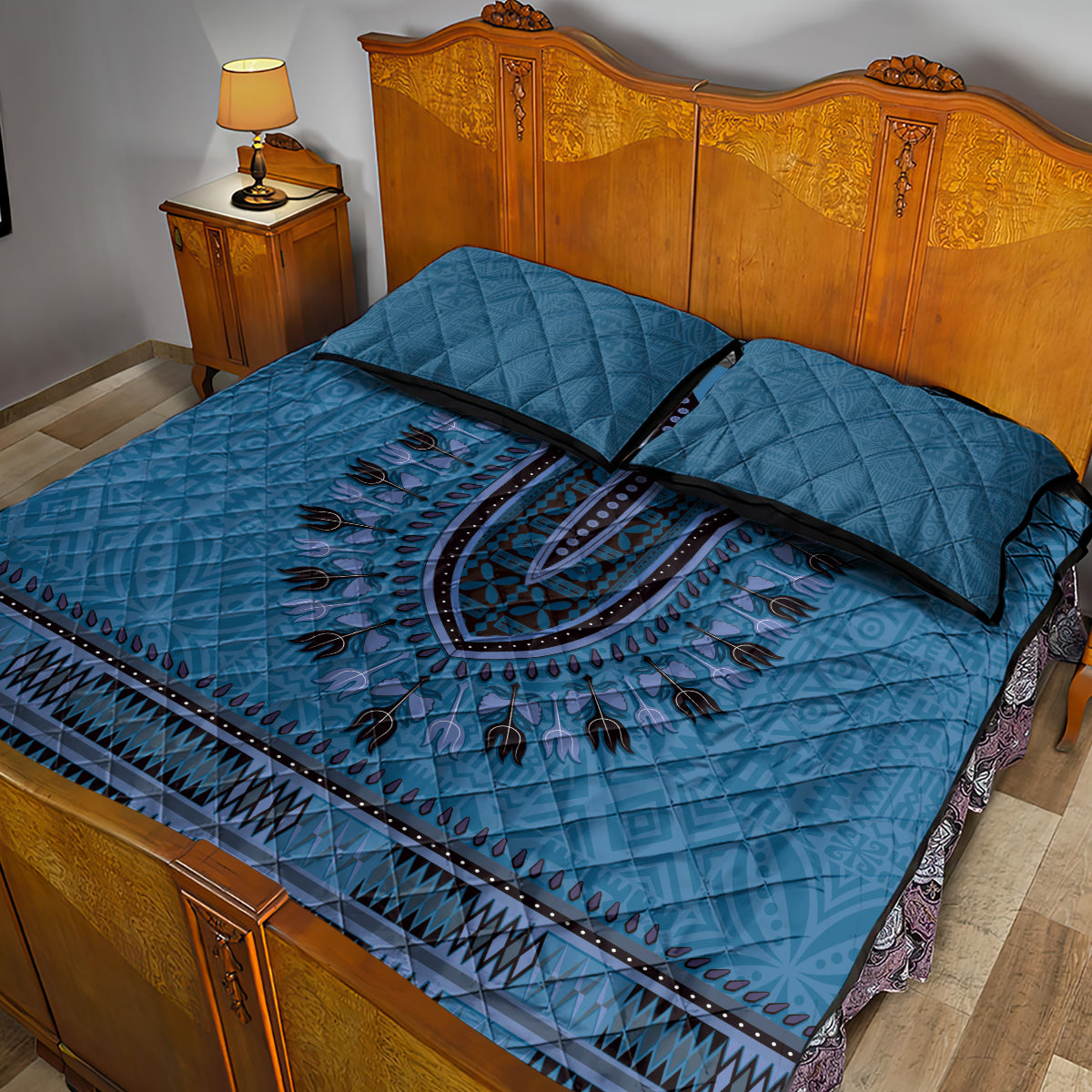 Blue African Dashiki With Fijian Tapa Pattern Quilt Bed Set