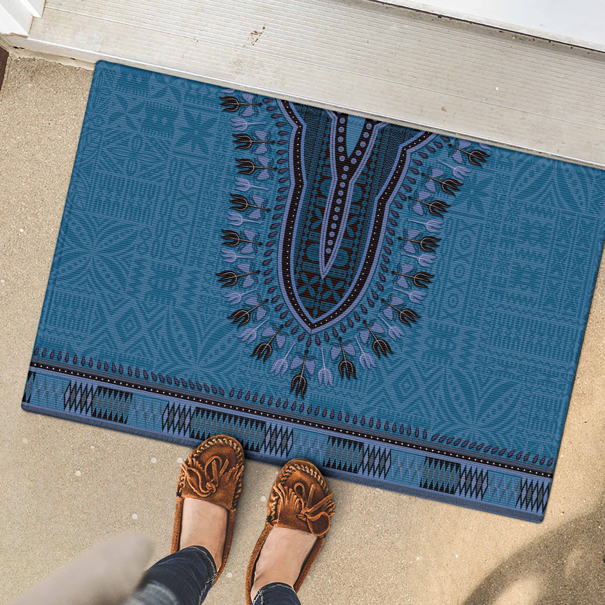 Blue African Dashiki With Fijian Tapa Pattern Rubber Doormat