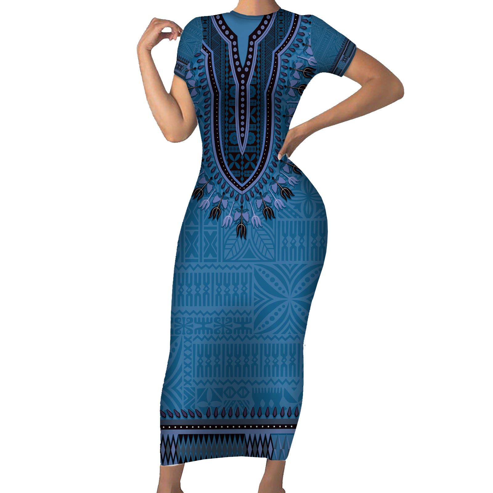 Blue African Dashiki With Fijian Tapa Pattern Short Sleeve Bodycon Dress
