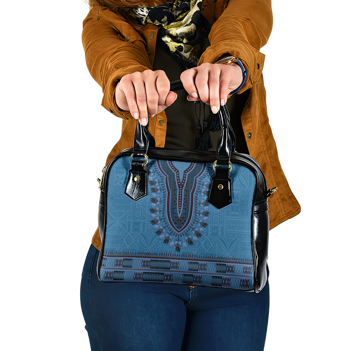 Blue African Dashiki With Fijian Tapa Pattern Shoulder Handbag