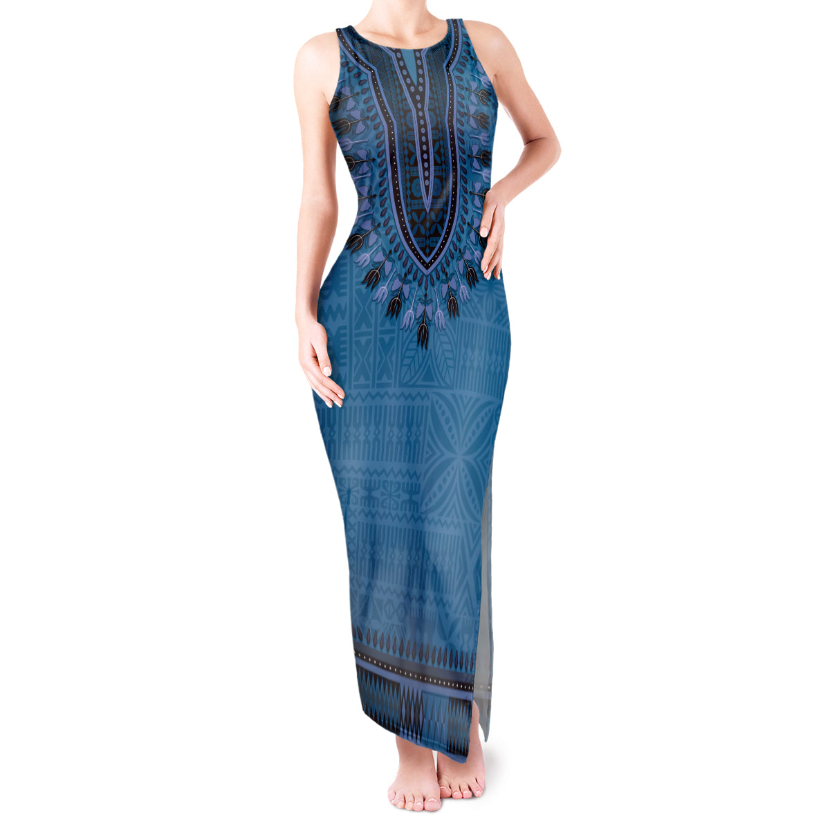 Blue African Dashiki With Fijian Tapa Pattern Tank Maxi Dress