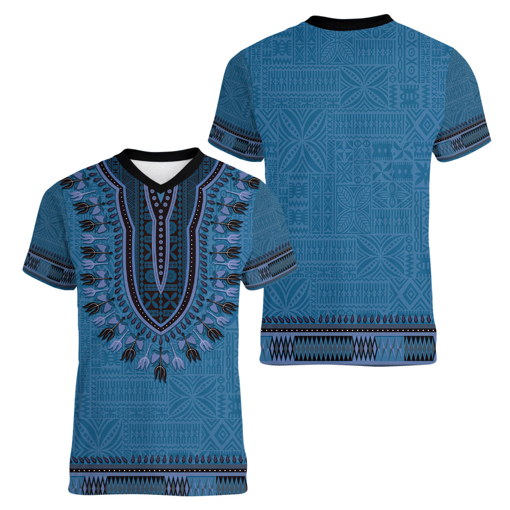 Blue African Dashiki With Fijian Tapa Pattern Women V-Neck T-Shirt