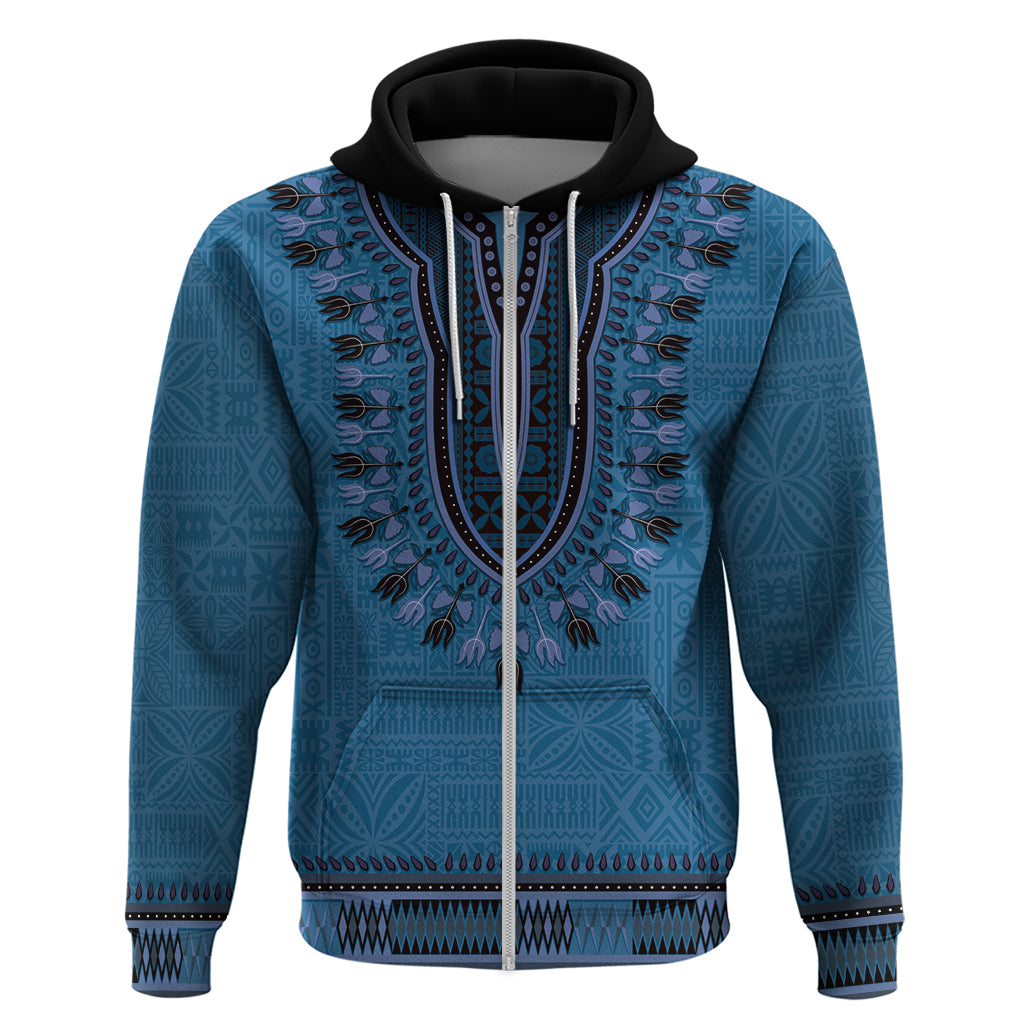 Blue African Dashiki With Fijian Tapa Pattern Zip Hoodie