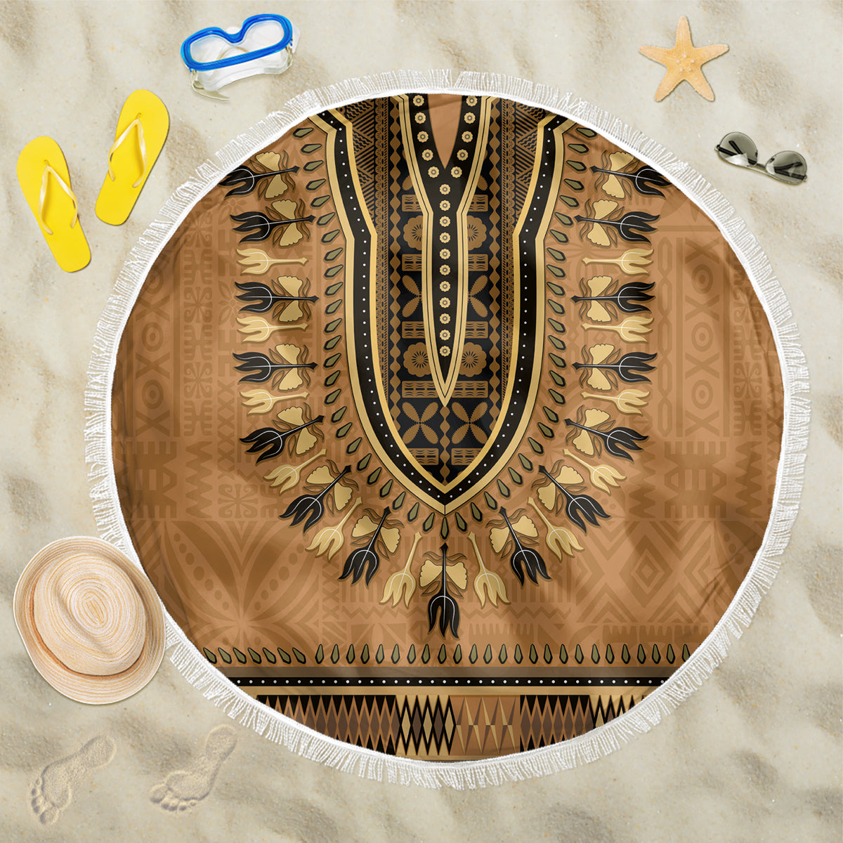 Brown African Dashiki With Fijian Tapa Pattern Beach Blanket