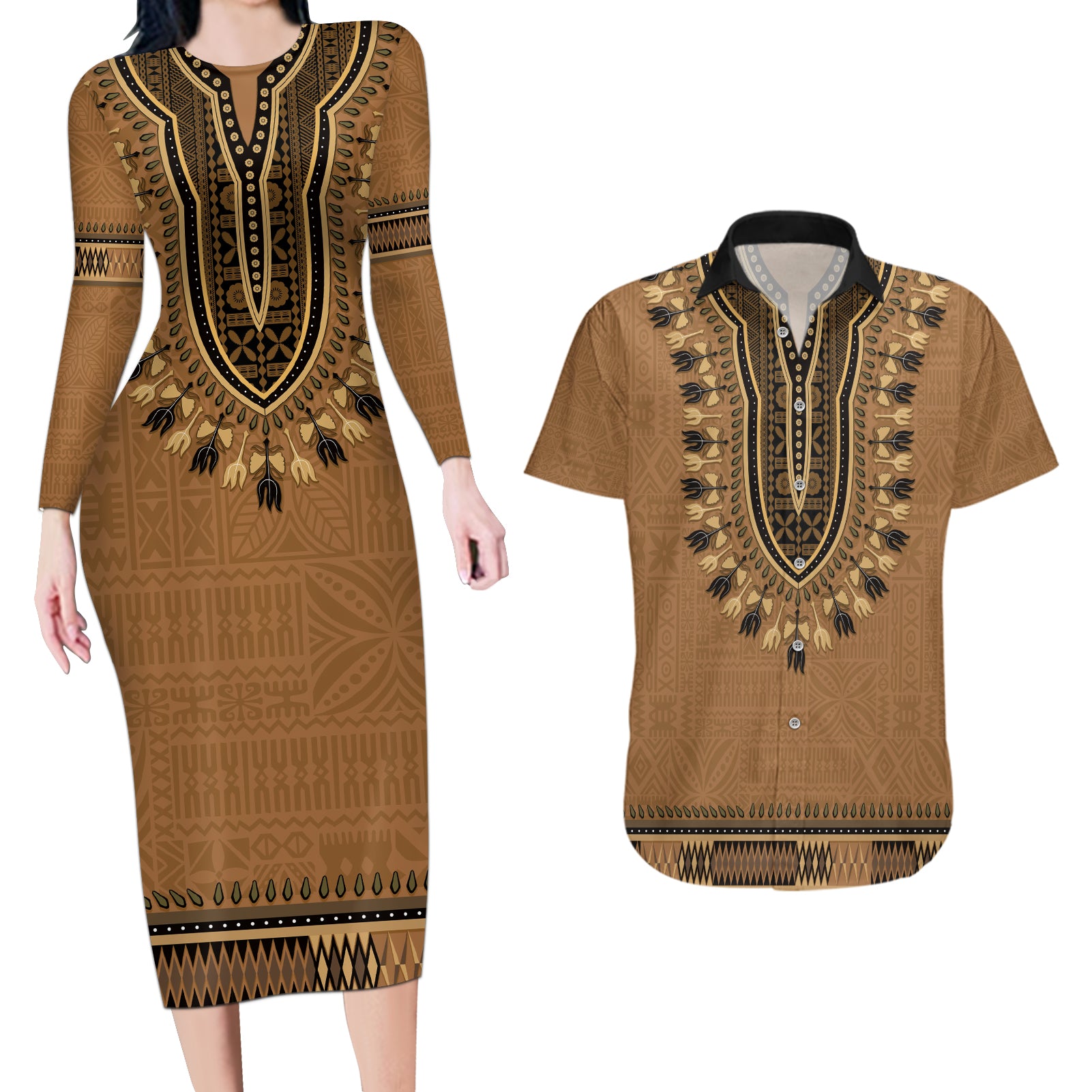 Brown African Dashiki With Fijian Tapa Pattern Couples Matching Long Sleeve Bodycon Dress and Hawaiian Shirt