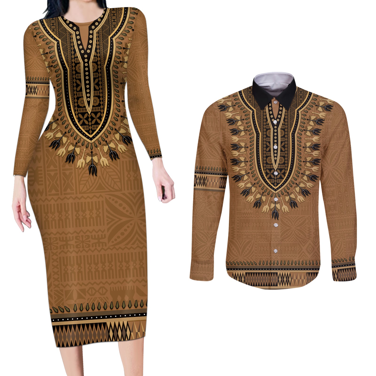 Brown African Dashiki With Fijian Tapa Pattern Couples Matching Long Sleeve Bodycon Dress and Long Sleeve Button Shirt