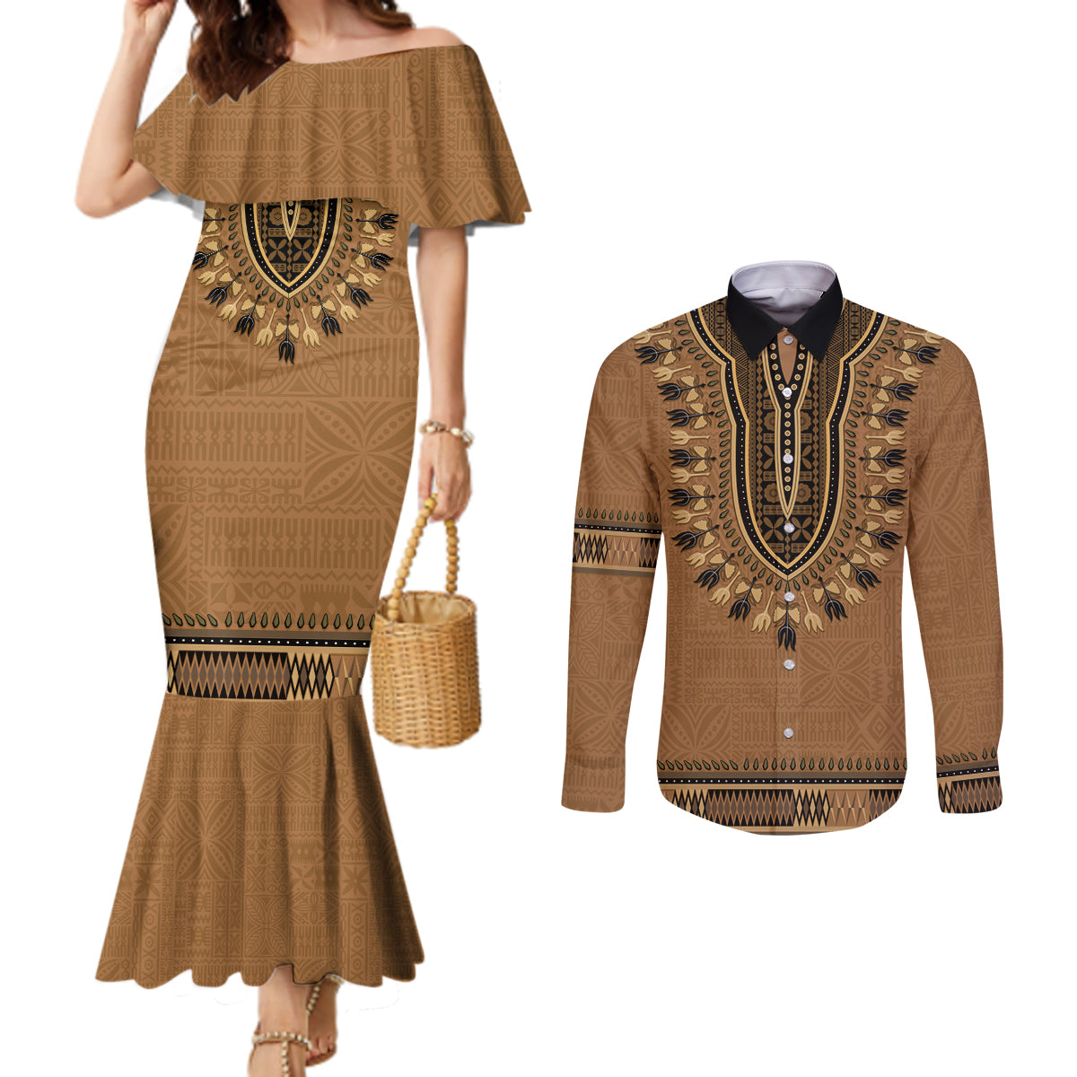 Brown African Dashiki With Fijian Tapa Pattern Couples Matching Mermaid Dress and Long Sleeve Button Shirt