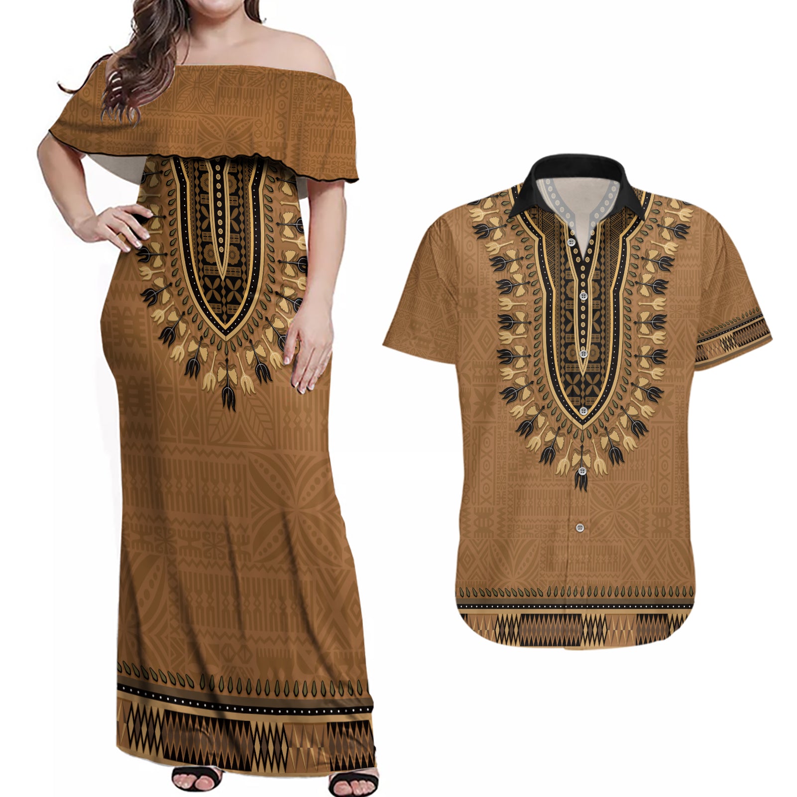 Brown African Dashiki With Fijian Tapa Pattern Couples Matching Off Shoulder Maxi Dress and Hawaiian Shirt