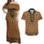 Brown African Dashiki With Fijian Tapa Pattern Couples Matching Off Shoulder Maxi Dress and Hawaiian Shirt