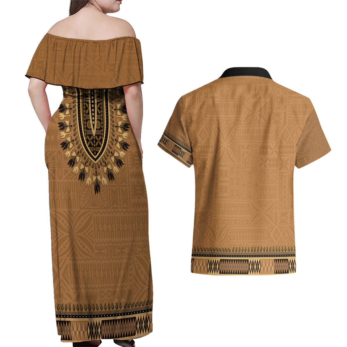 Brown African Dashiki With Fijian Tapa Pattern Couples Matching Off Shoulder Maxi Dress and Hawaiian Shirt