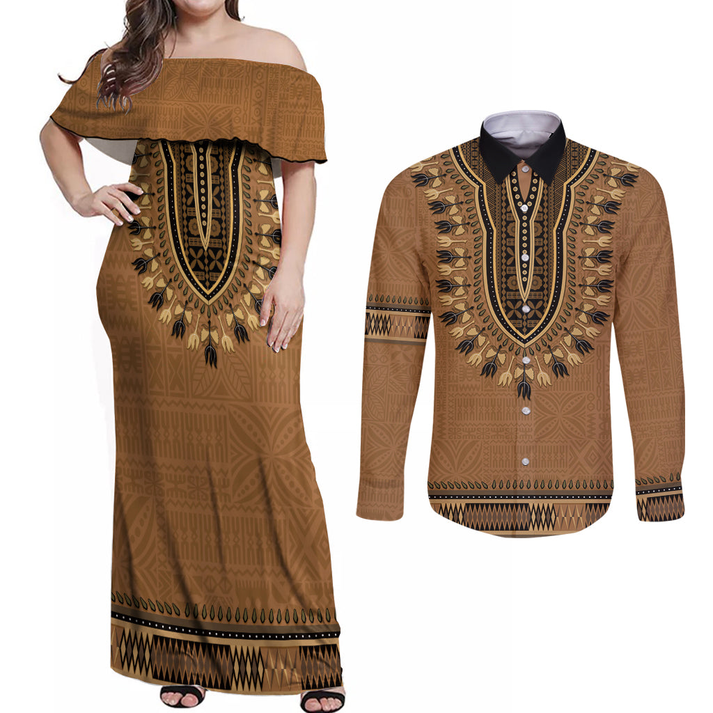 Brown African Dashiki With Fijian Tapa Pattern Couples Matching Off Shoulder Maxi Dress and Long Sleeve Button Shirt