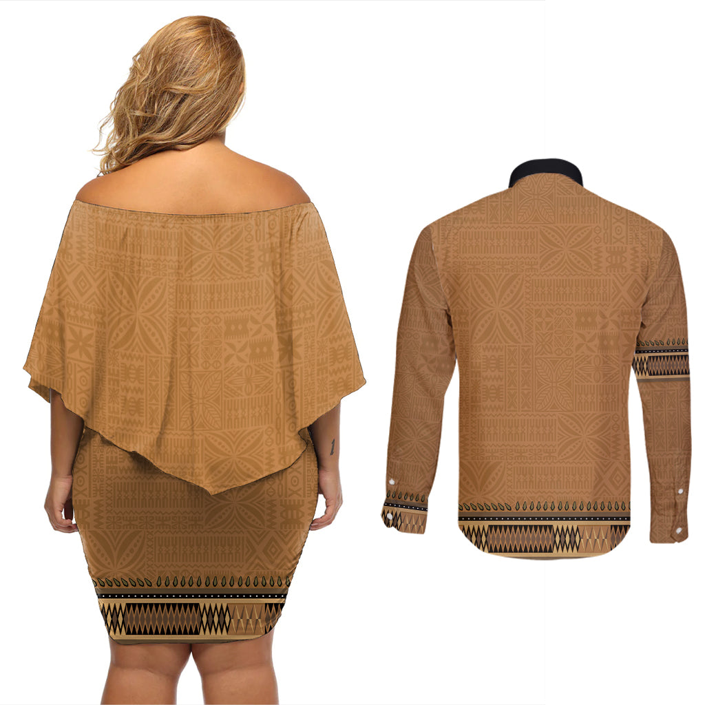 Brown African Dashiki With Fijian Tapa Pattern Couples Matching Off Shoulder Short Dress and Long Sleeve Button Shirt