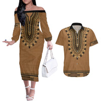 Brown African Dashiki With Fijian Tapa Pattern Couples Matching Off The Shoulder Long Sleeve Dress and Hawaiian Shirt