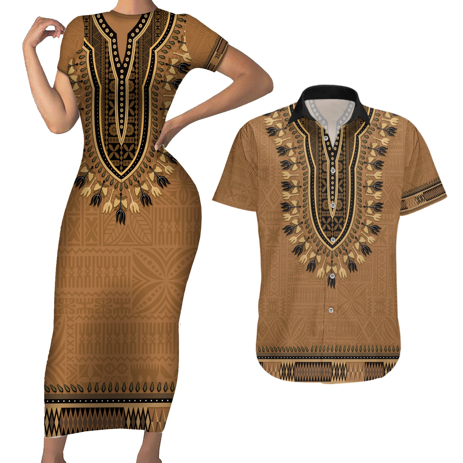 Brown African Dashiki With Fijian Tapa Pattern Couples Matching Short Sleeve Bodycon Dress and Hawaiian Shirt