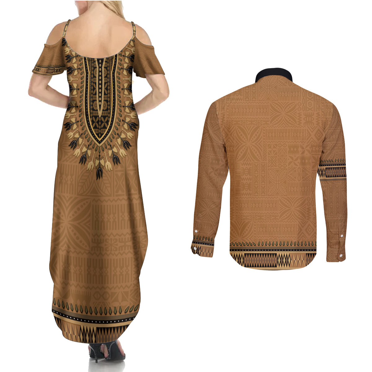 Brown African Dashiki With Fijian Tapa Pattern Couples Matching Summer Maxi Dress and Long Sleeve Button Shirt