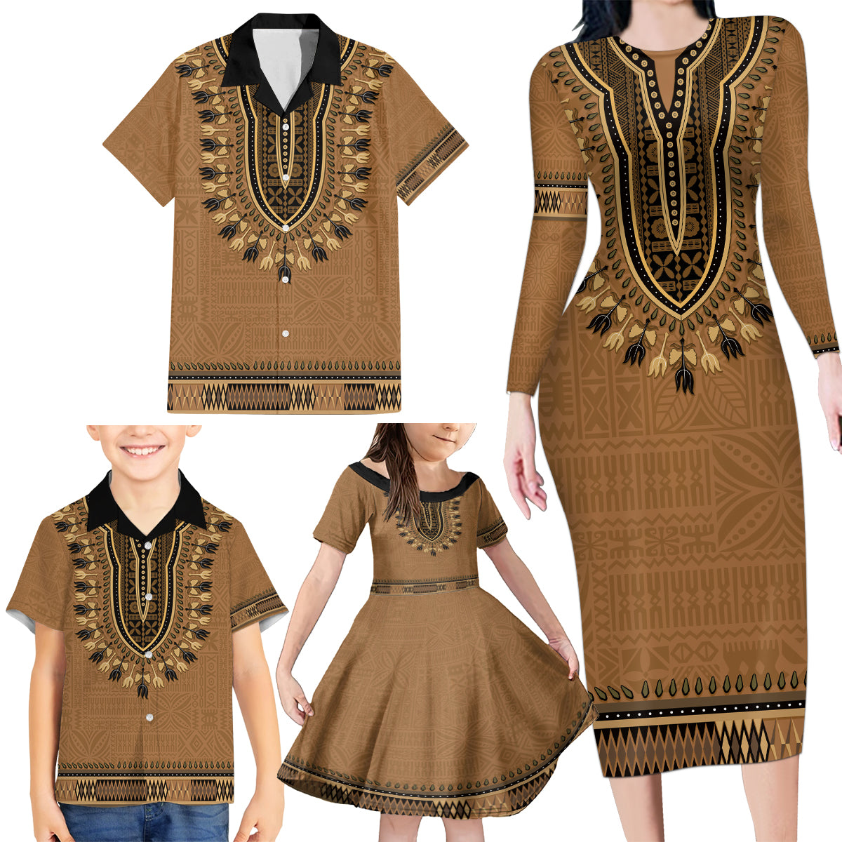 Brown African Dashiki With Fijian Tapa Pattern Family Matching Long Sleeve Bodycon Dress and Hawaiian Shirt