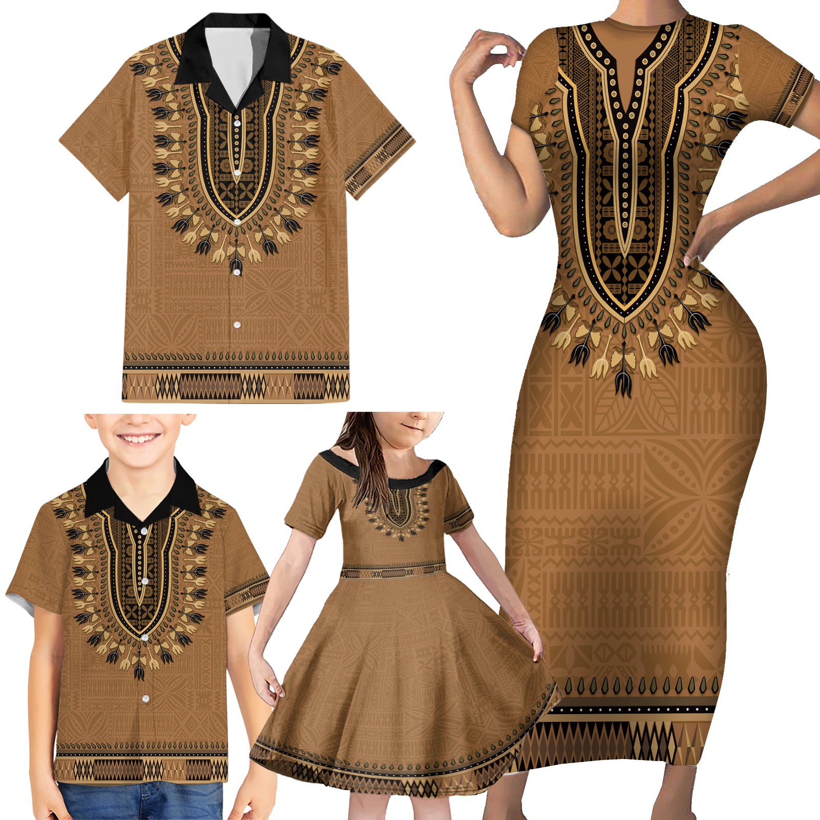 Brown African Dashiki With Fijian Tapa Pattern Family Matching Short Sleeve Bodycon Dress and Hawaiian Shirt