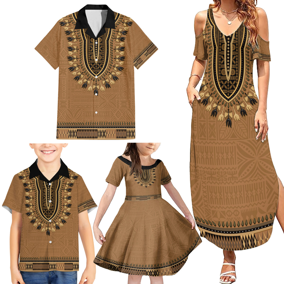 Brown African Dashiki With Fijian Tapa Pattern Family Matching Summer Maxi Dress and Hawaiian Shirt