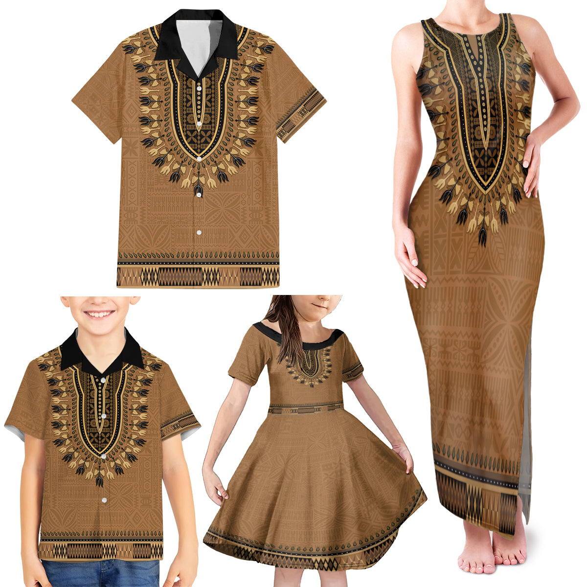 Brown African Dashiki With Fijian Tapa Pattern Family Matching Tank Maxi Dress and Hawaiian Shirt