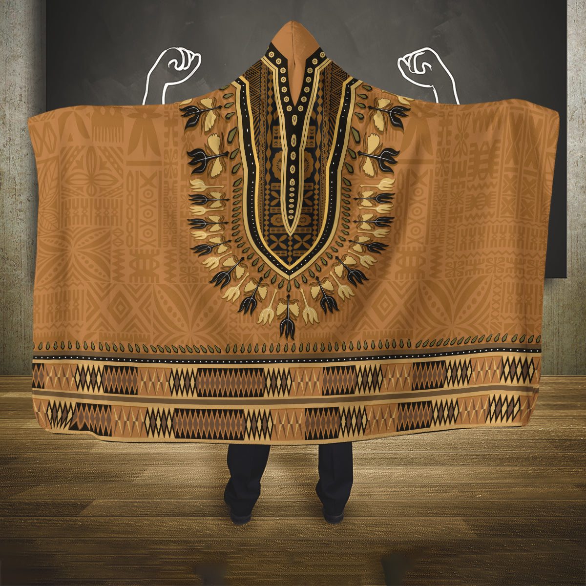 Brown African Dashiki With Fijian Tapa Pattern Hooded Blanket