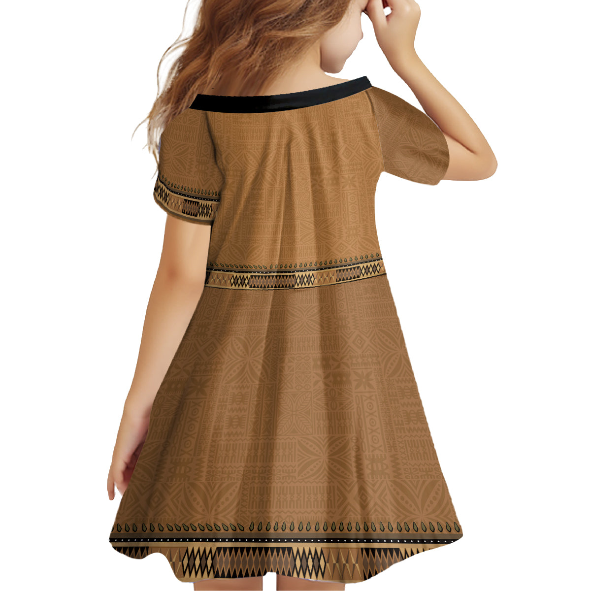 Brown African Dashiki With Fijian Tapa Pattern Kid Short Sleeve Dress