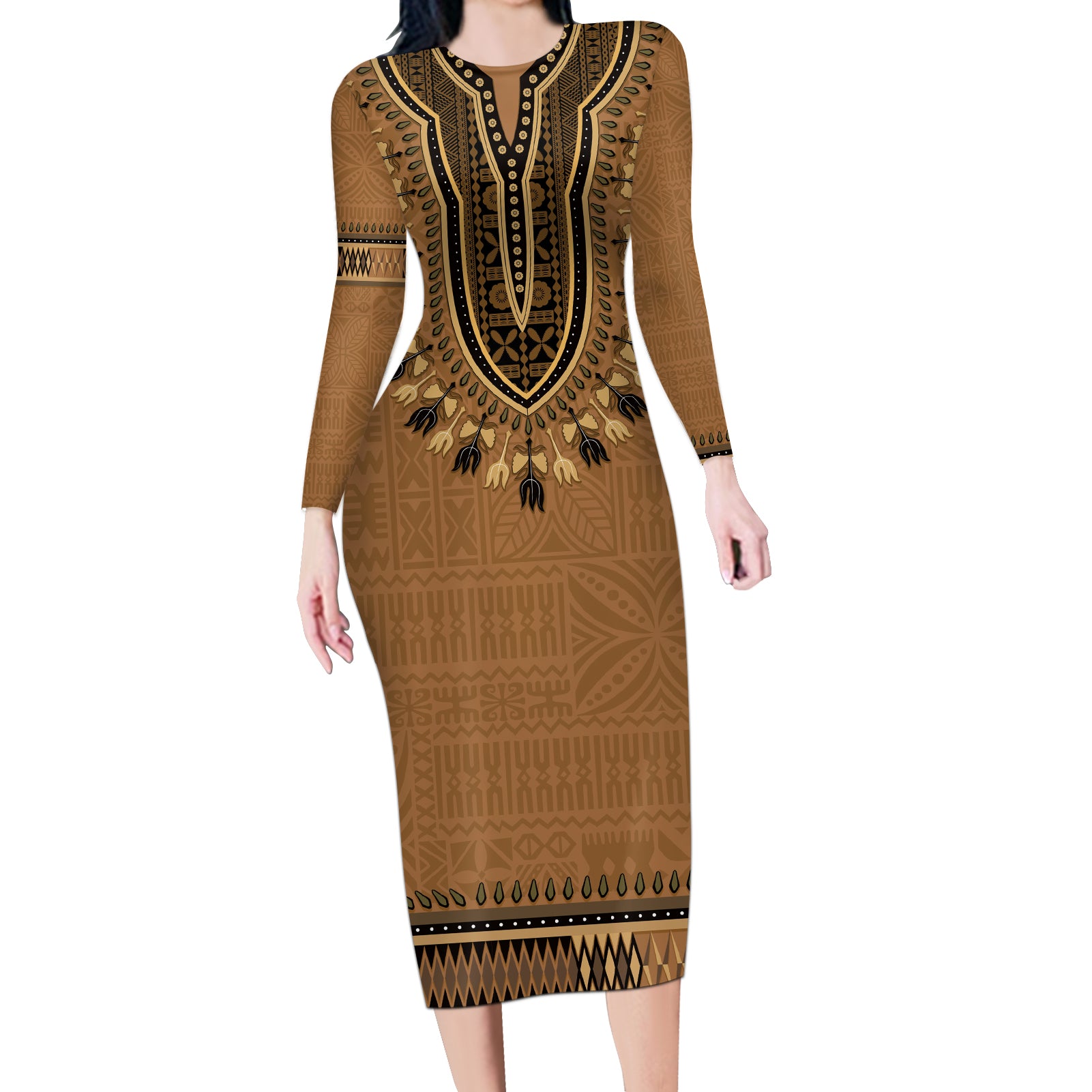 Brown African Dashiki With Fijian Tapa Pattern Long Sleeve Bodycon Dress