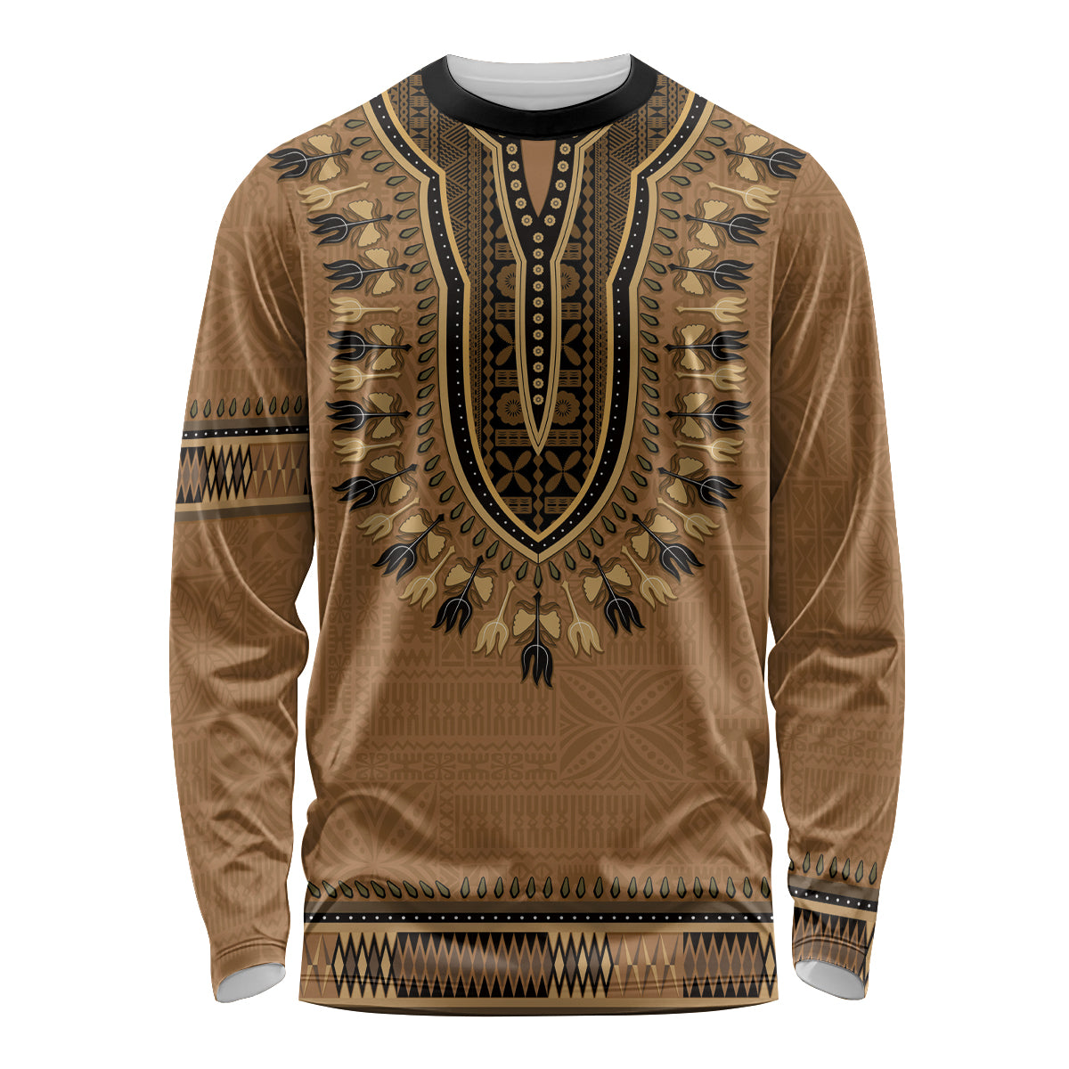 Brown African Dashiki With Fijian Tapa Pattern Long Sleeve Shirt