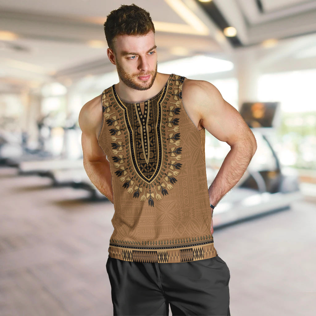 Brown African Dashiki With Fijian Tapa Pattern Men Tank Top