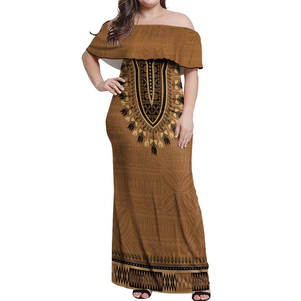 Brown African Dashiki With Fijian Tapa Pattern Off Shoulder Maxi Dress