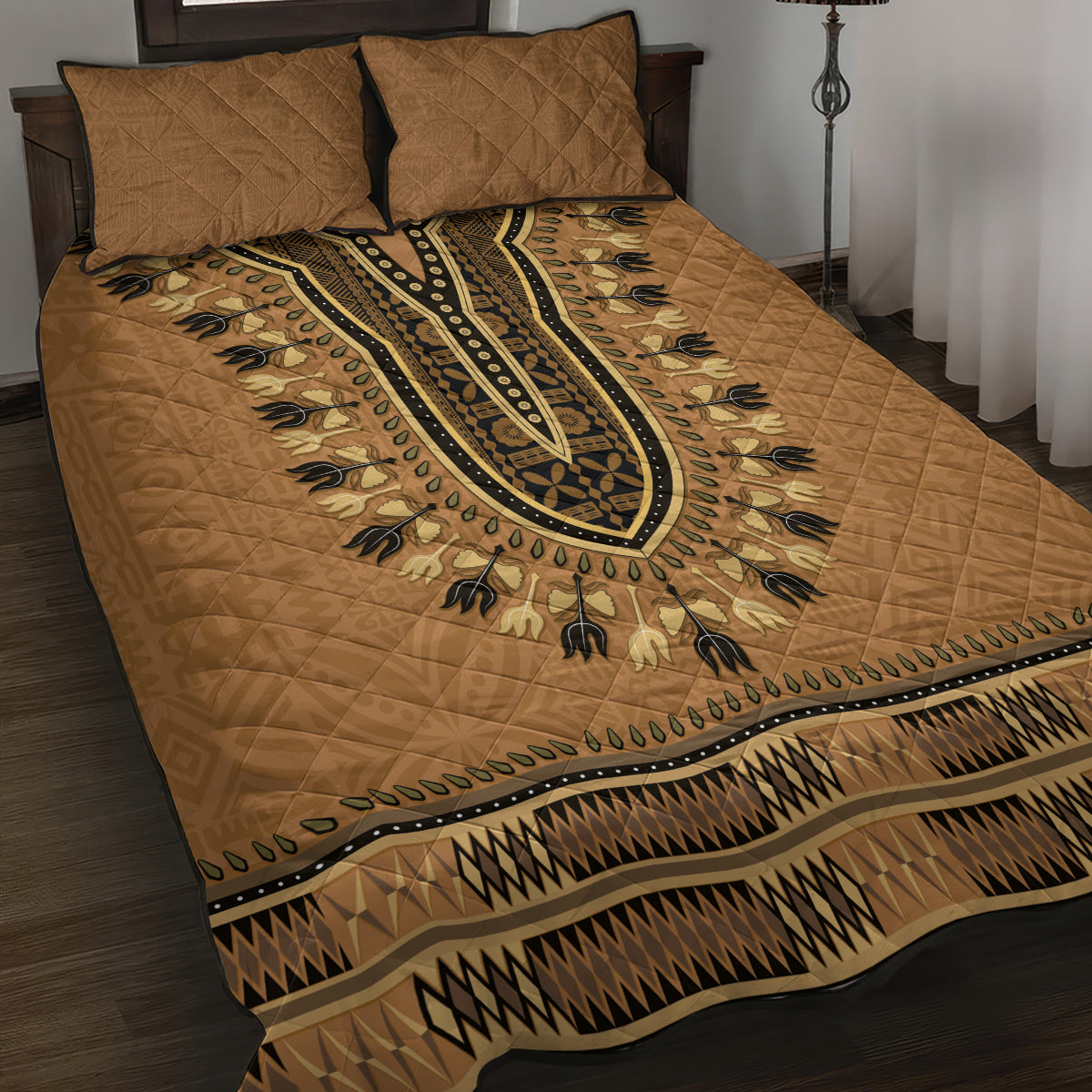 Brown African Dashiki With Fijian Tapa Pattern Quilt Bed Set