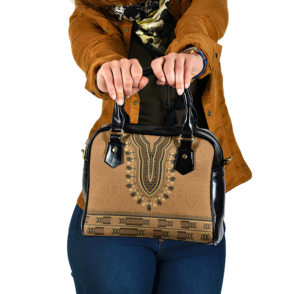 Brown African Dashiki With Fijian Tapa Pattern Shoulder Handbag