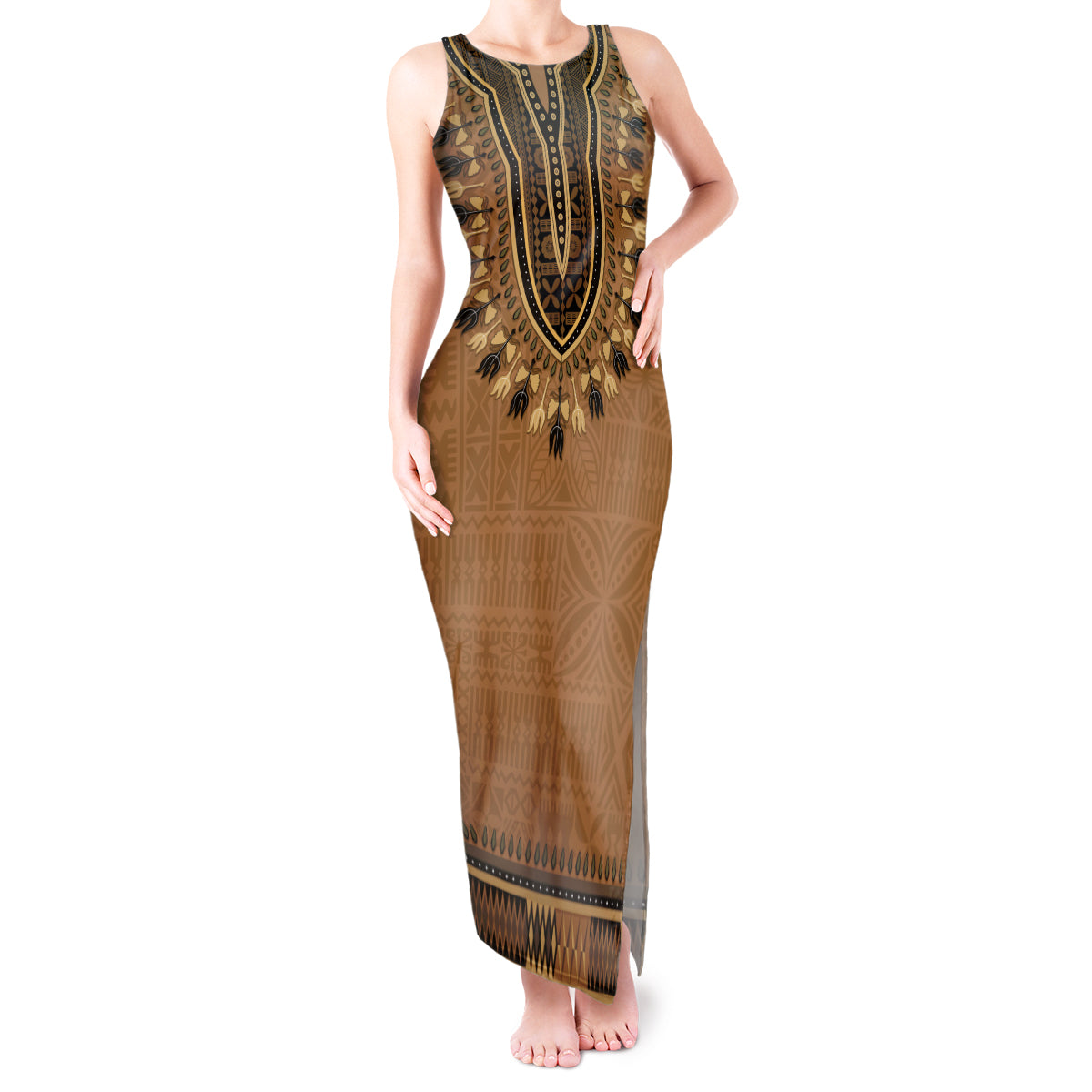 Brown African Dashiki With Fijian Tapa Pattern Tank Maxi Dress