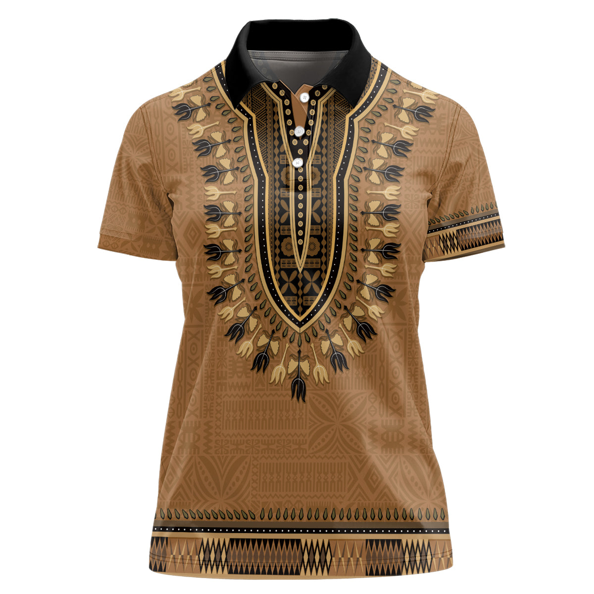 Brown African Dashiki With Fijian Tapa Pattern Women Polo Shirt