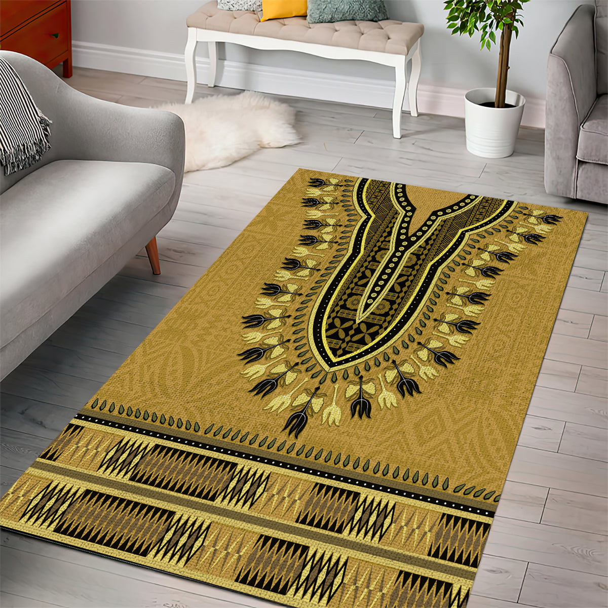 Gold African Dashiki With Fijian Tapa Pattern Area Rug