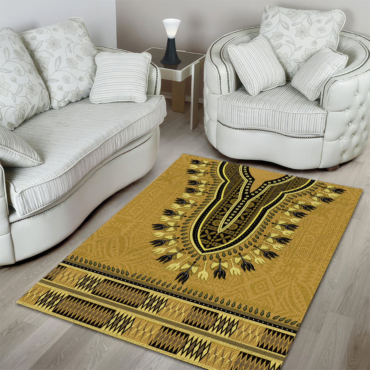 Gold African Dashiki With Fijian Tapa Pattern Area Rug
