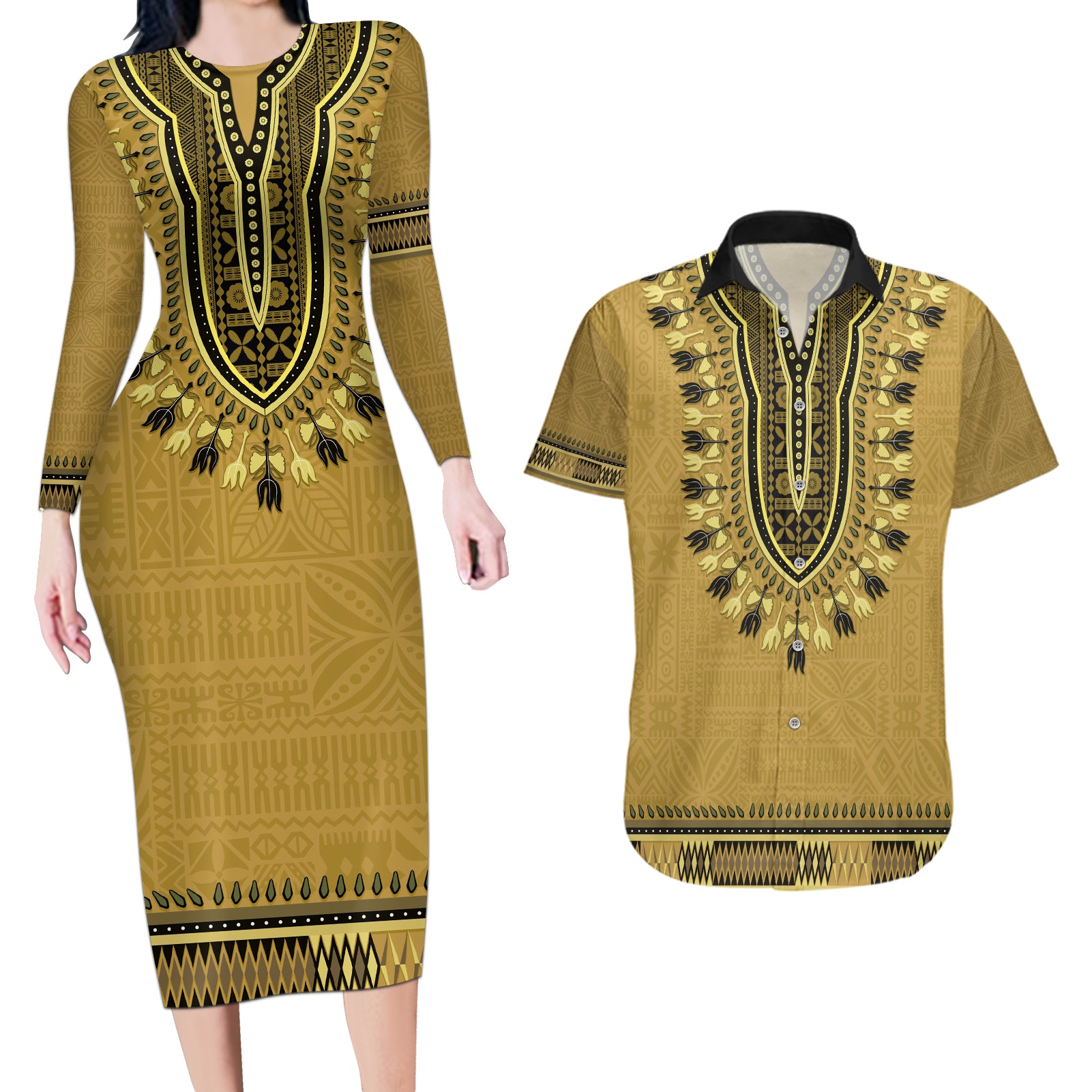 Gold African Dashiki With Fijian Tapa Pattern Couples Matching Long Sleeve Bodycon Dress and Hawaiian Shirt