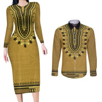 Gold African Dashiki With Fijian Tapa Pattern Couples Matching Long Sleeve Bodycon Dress and Long Sleeve Button Shirt