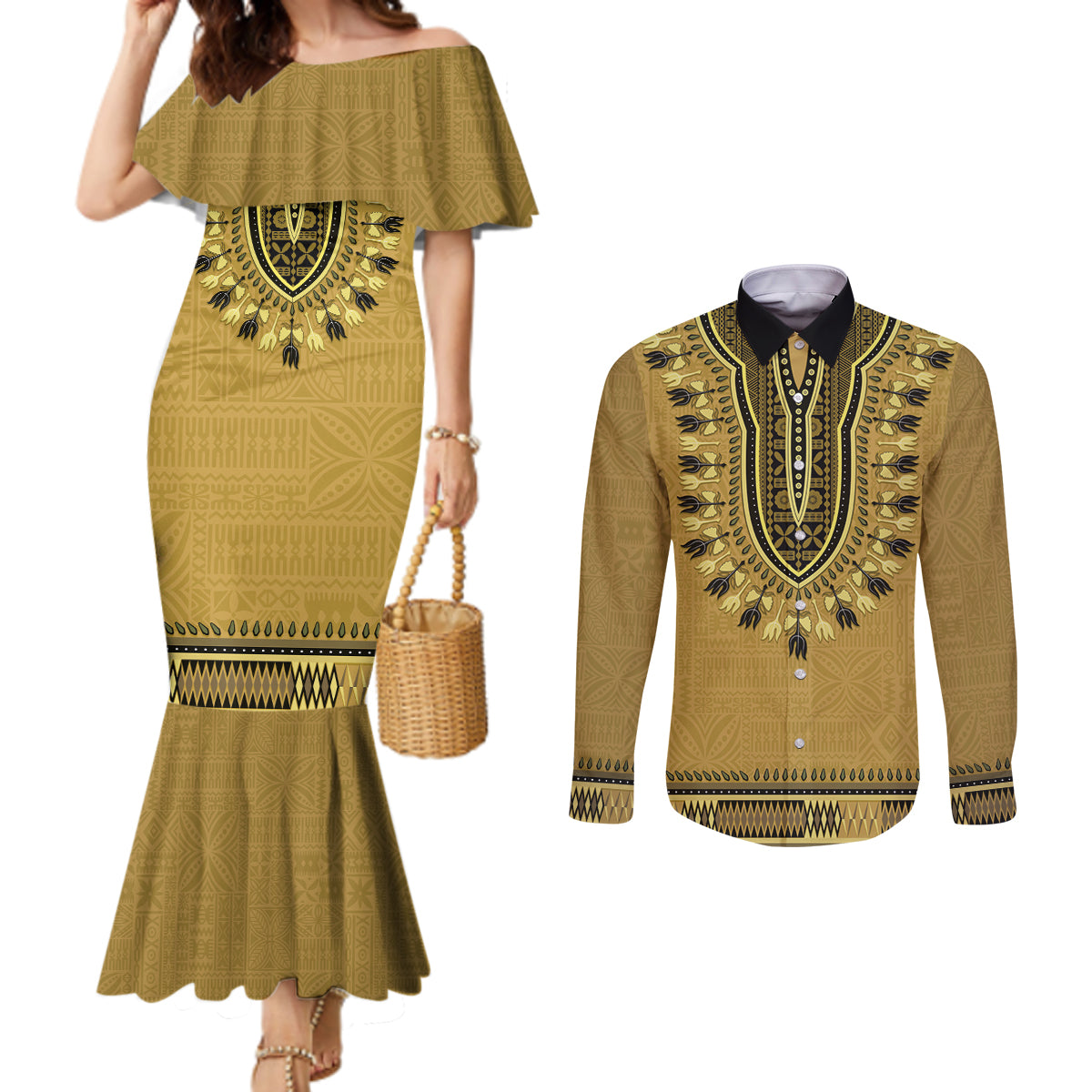 Gold African Dashiki With Fijian Tapa Pattern Couples Matching Mermaid Dress and Long Sleeve Button Shirt