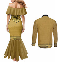 Gold African Dashiki With Fijian Tapa Pattern Couples Matching Mermaid Dress and Long Sleeve Button Shirt